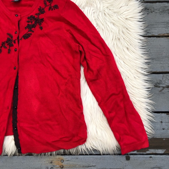 R.Q.T Embroidered Beaded Bright Red Buttoned Knit Cardigan Sweater size L - Picture 7 of 10